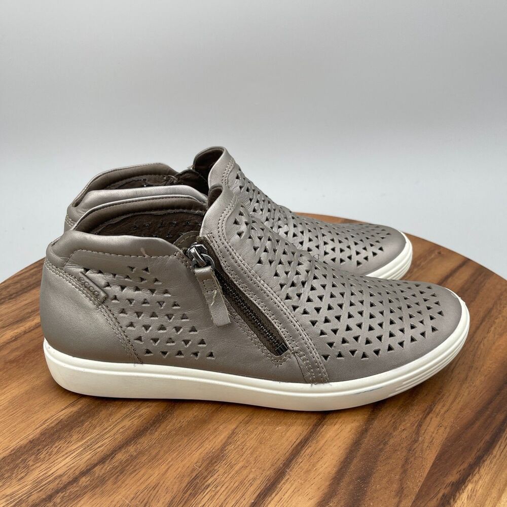 ECCO Soft 7 Shoes Womens Size 9 Gray Metallic Leather Bootie Laser Cut Sneakers
